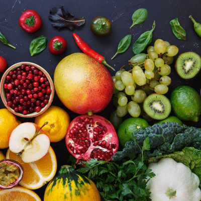 Photo of various different types of fruits and vegetables, representing nutrition
